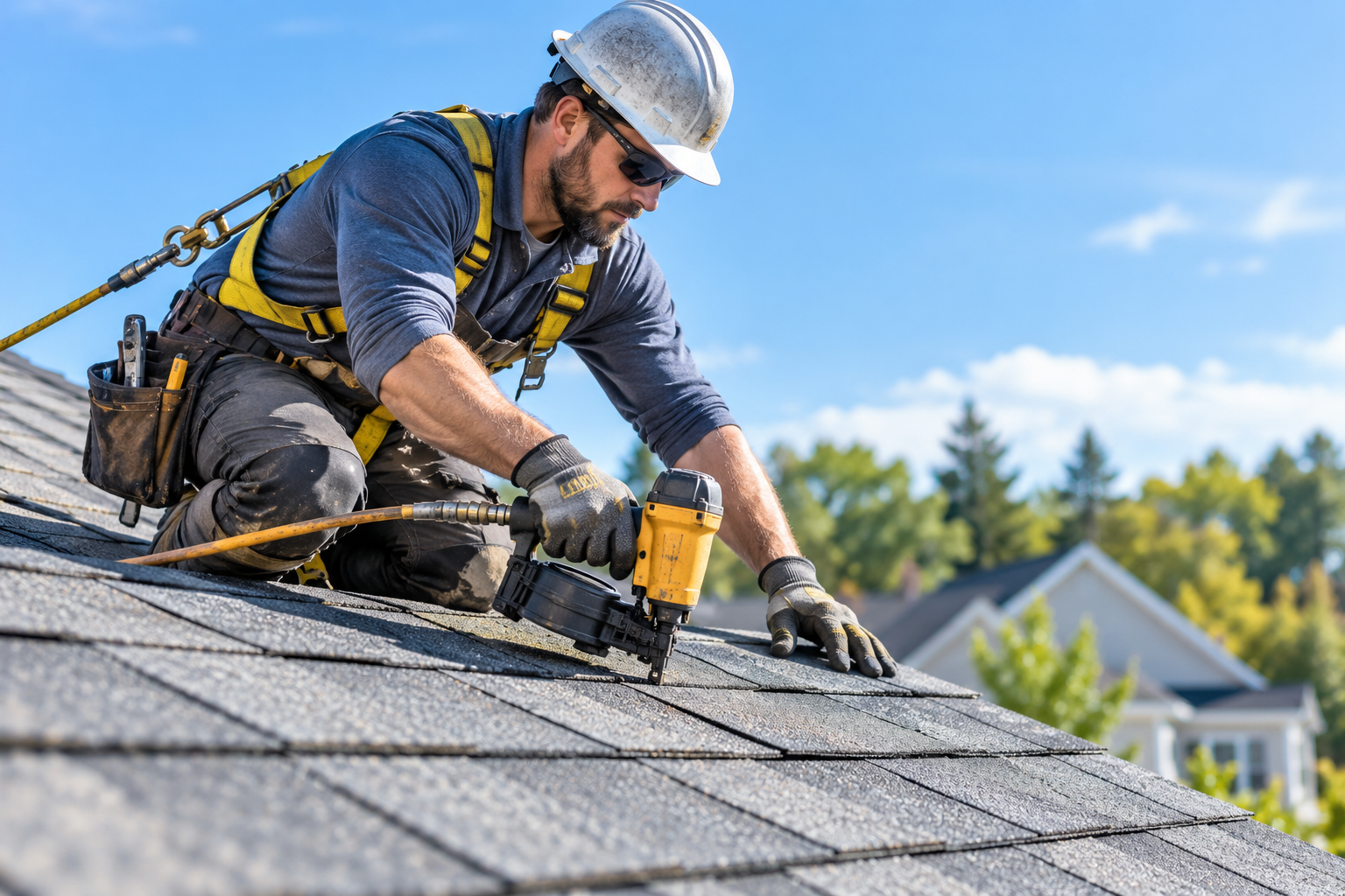 Roofer actively working on a residential roof